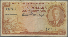 British Caribbean Territories: 10 Dollars 1950 P. 4, More Rare Issue, Used With Several Folds And Stain In Paper, A... - Caraïbes Orientales