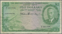 British Caribbean Territories: 5 Dollars 1951 P. 3, Center And Horizontal Fold, 2 Pinholes, Several Other Folds And... - East Carribeans