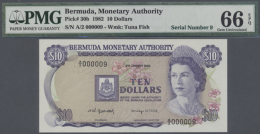 Bermuda: 10 Dollar 1982 P. 30b, PMG Graded 66 GEM UNC EPQ With Very Low Serial Number A/2 000009. (R) - Bermudes