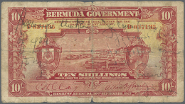 Bermuda: 10 Shillings 1927 P. 4 Portrait KGV, Very Rare Note Even In This Used Condition With Several Pen Writings... - Bermudes