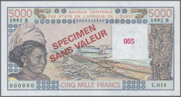 Benin: 5000 Francs 1992 Specimen P. 208Bs (W.A.S.) In Condition: UNC. (D) - Bénin