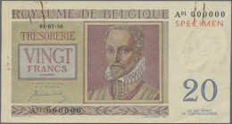 Belgium: 20 Francs 1950 Specimen P. 132as, A Rarely Seen Specimen Note With Red Overprint At Upper Right, Zero... - Autres & Non Classés