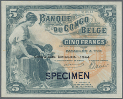 Belgian Congo: 5 Francs 1944 SPECIMEN W/o Serial Number, P.13Acs, Tiny Dint At Upper Right Corner, Otherwise... - Unclassified