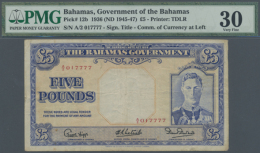 Bahamas: 5 Pounds ND(1945-47) P. 12b, Nice Serial Number #017777, PMG Graded 30 Very Fine. (R) - Bahama's