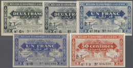 Algeria: Set Of 5 Notes Containing 1 Franc L.1944 P. 98a (UNC), 50 Centimes L.1944 P. 100 (UNC), 1 Franc L.1944 P.... - Algerije