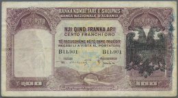 Albania: 100 Franka Ari ND(1939), P.5, Highly Rare Note In Well Worn Condition With Repaired And Taped Part At... - Albanië