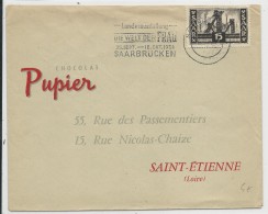 SAAR - 1954 - MECA EXPO "LE MONDE DE LA FEMME" - ENVELOPPE COMMERCIALE PUB (CHOCOLAT) De SAARBRÜCKEN Pour ST ETIENNE - Storia Postale