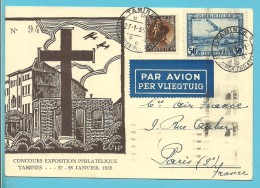 402+LP3 Op Kaart CONCOURS EXPOSITION .... Per Luchtpost (par Avion) Met Stempel TAMINES Naar Paris - 1934-1935 Leopoldo III