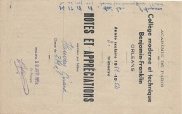 Académie De Paris /Notes Et Appréciations/Collége Moderne Et Technique Benjamin-Franklin/ORLEANS/Huvey/1951-1952  CAH127 - Diplomas Y Calificaciones Escolares