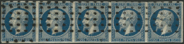 N°10 25c Bleu, Bande De 5, Obl Gros Points Pelurage Sur 3ème Timbre Et Froissure D'angle Sur 5ème, Asp - Andere & Zonder Classificatie