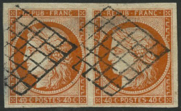 N°5a 40c Orange Vif, Paire Trace D'encre Au Verso Provenant De La Lettre, Aspect Extraordinaire - B - 1849-1850 Ceres