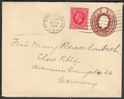 Great Britain Birmingham 1936 / Edward VIII / Postal Stationery Three Halfpence / Sent To Germany - Cartas & Documentos