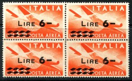 ITALIA Repubblica 1947 Posta Aerea Democratica Soprastampato Quartina Lire 6 Su Lire 3,20 MNH ** Filigrana Ruota Integro - Poste Aérienne