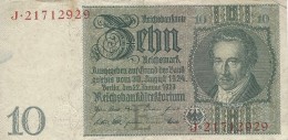 GERMANY 10 REICHSMARK 1929 P-180a VF UNDERPRINT E S/N J*21712929 [ DER180a ] - 10 Mark