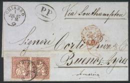 1/JUL/1867 CHIASSO - ARGENTINA: Folded Cover Franked By Pair Sc.59 (50c. Violet), Sent Via England To Buenos Aires,... - Cartas & Documentos