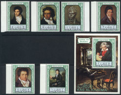 Beethoven: Complete Set Of 6 Values + Souvenir Sheet, Excellent Quality! - Ra's Al-Chaima