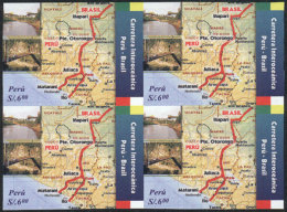 Sc.1509, 2006 Peru-Brazil Trans-oceanic Highway (map, Bridges), IMPERFORATE BLOCK OF 4, Very Fine Quality, Rare! - Perù