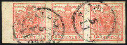 Sc.4f, 1840 15c. Red Type II, Beautiful STRIP OF 3 With The Very Rare Datestamp Of PALLAZZUOLO, With Some Creases... - Lombardy-Venetia