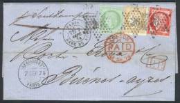 7/SEP/1874 PARIS - ARGENTINA: Complete Folded Letter Franked By Yv.53 + 57 + 59, Sent To Buenos Aires Via England,... - Altri & Non Classificati