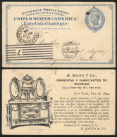 2c. Postal Card Sent To Argentina On 16/FE/1894, On Back It Bears A Nice Printed Advertising For A FURNITURE... - Poststempel