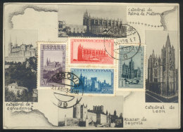 Maximum Card Of 1938: Small Views Of Cathedrals Of Leon, Covadonga, Palma De Mallorca And Alcazar Of Segovia Over... - Maximumkarten