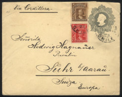 10c. Stationery Envelope Uprated With 5c., Sent From Valparaiso To Switzerland On 5/JUN/1910, Excellent Quality! - Chile