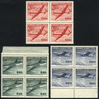 Yv.160/162, 1955/60 Airplanes, 100P., 200P. And 500P., Mint Blocks Of 4 Of VF Quality (at Least 2 Stamps In Each... - Chili