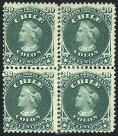 Yvert 15 (Sc.19), 1867 Colombus 20c. Green, Block Of 4 Mint Original Gum (actually These Are 2 Vertical Pairs,... - Chile