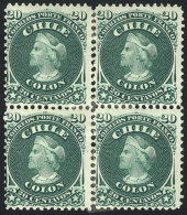 Yvert 15 (Sc.19), 1867 Colombus 20c. Green, Block Of 4 Mint Original Gum (actually These Are 2 Vertical Pairs,... - Chili