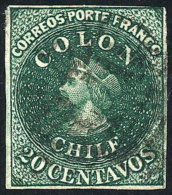Yvert 10a (Scott 13), 1862 20c. Dark Green, With 4 Good Margins, VF Quality! - Chile
