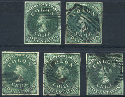 Yv.10 (Sc.13), 1861 20c. Green, 5 Used Examples, DIFFERENT SHADES, All With 4 Margins, Fine To VF Quality, Scott... - Cile