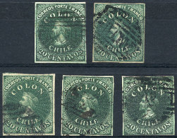 Yv.10 (Sc.13), 1861 20c. Green, 5 Used Examples, DIFFERENT SHADES, All With 4 Margins, Fine To VF Quality, Scott... - Chile