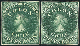 Yv.10 (Sc.13), 1861 20c. Green, 2 Mint Examples, Different Shades, Both With 4 Margins But One With Small Thin On... - Cile