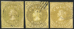 Yv.7 (Sc.11), 1862 Colombus 1c. Yellow, 3 Used Examples (different Shades), All With 4 Margins, VF! - Cile