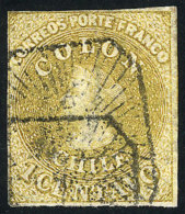 Yvert 7 (Sc.11), 1862 1c. Lemon Yellow, Postally Used, With 4 Complete Margins, VF! - Cile