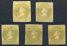 Yv.7 (Sc.11), 1862 Colombus 1c. Yellow, 5 Mint Examples (2 With Full Original Gum), Different Shades, All With 4... - Cile