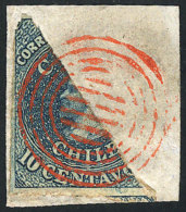 Yvert 6c (Sc.10n), 10c. Bisect On Fragment With Nice Red Cancel '6 Bars Inside Circles', Rare, Excellent Quality! - Cile