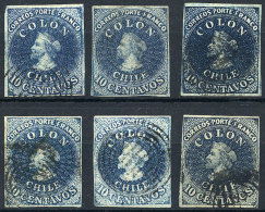 Yvert 6 (Sc.10) And Its Color Varieties, 1856/66 10c. Santiago Print (Estancos), 6 Examples Of 4 Margins, Range Of... - Cile