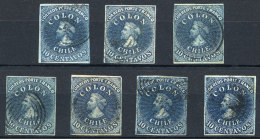 Yvert 2A, 2B, 1854 Columbus 10c. Blue, Printed In Santiago By Desmadryl, 7 Examples Of 4 Margins (some Very Ample),... - Chili