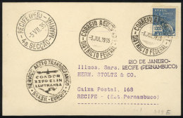 Card Flown By ZEPPELIN From Rio De Janeiro To Recife On 3/JUL/1935, VF Quality! - Covers & Documents