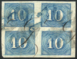 Sc.37, 1854 10R. Blue, Beautiful Block Of 4 With TRIPLE Cancellation: Pen + Mute Wedges (black) + Blue Cancel, VF... - Oblitérés