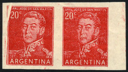 GJ.1035P, 20c. San Martín, IMPERFORATE PAIR, With A Notable Paper Fold In The Left Stamp, With 2 Creases... - Sonstige & Ohne Zuordnung