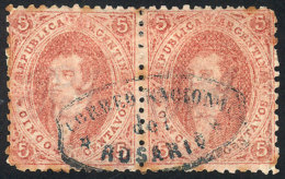 GJ.19, 1st Or 2nd Printing, Horizontal PAIR With Complete Cancel Of Rosario (blue Ellipse), Light Stain Spots Of No... - Used Stamps