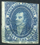 GJ.18, 15c. Blue From 1st Printing Imperf, Used With Blue OM Cancel, Very Clear Impression, With 3 Large To Immense... - Gebraucht