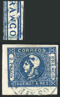 GJ.22c, 2P. Blue, Semi-clear Impression, 'FRAWCO' Variety, Beautiful Color And Very Wide Margins, It Has A Tiny And... - Buenos Aires (1858-1864)