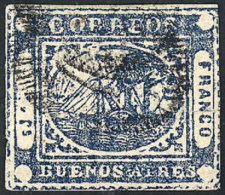 GJ.12, To. Rs. Blue, Nice Example Of 4 Margins, With Minor Defects (cut At Right And A Small Thin In The Hinge... - Buenos Aires (1858-1864)