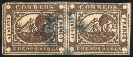 GJ.9, 4Rs. Chestnut, Beautiful Horizontal Pair, Types 38 And 39 On The Kneitschel Reconstruction, With Blue... - Buenos Aires (1858-1864)