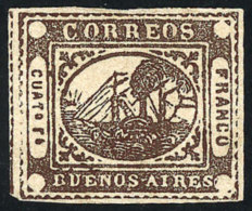 GJ.9, 4Rs. Chestnut, Type 35 On The Kneitschel Reconstruction, Mint, With 4 Immense Margins (with Part Of 2... - Buenos Aires (1858-1864)