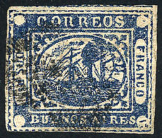 GJ.5, Dos Ps. Blue, Type 15 On The Sheet, Fantastic Example Of Immense Margins, With 2 Tiny Thin Spots On Back Of... - Buenos Aires (1858-1864)