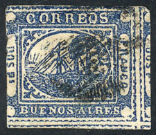 GJ.5, Dos Ps. Blue, Position 3 On The Kneitchel Reconstruction, With 3 Margins Of Which 2 Are Immense With Part Of... - Buenos Aires (1858-1864)